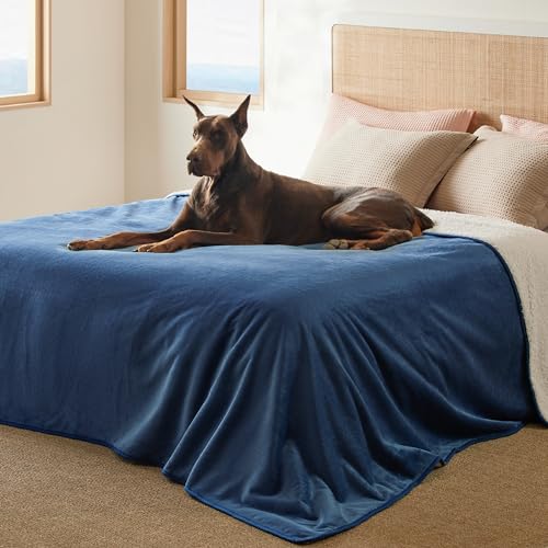 Image of Bedsure Waterproof Blanket for Bed - Sherpa Fleece Waterproof Dog Blankets for Large Dogs, Pet Blankets for Bed /Couch /Dog Crate, Soft Plush Reversible Furniture Protector, King Size, 108 inchx86 inch, Blue