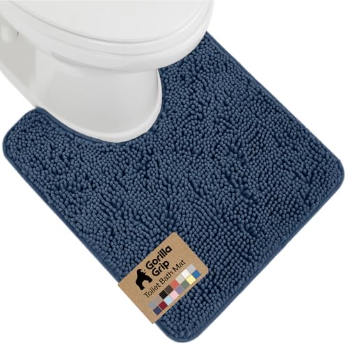 Image of Gorilla Grip Original Shaggy Chenille Oval U-Shape Contoured Mat for Base of Toilet, 22.5x19.5 Size, Machine Wash and Dry, Soft Plush Absorbent Contour Carpet Mats for Bathroom Toilets, Navy Blue