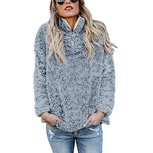 TSWRK Damen Winter Sweatshirt Pullover Teddy-Fleece Stehkragen Langarm Oversize Hoodie Einfarbig Warm Cover