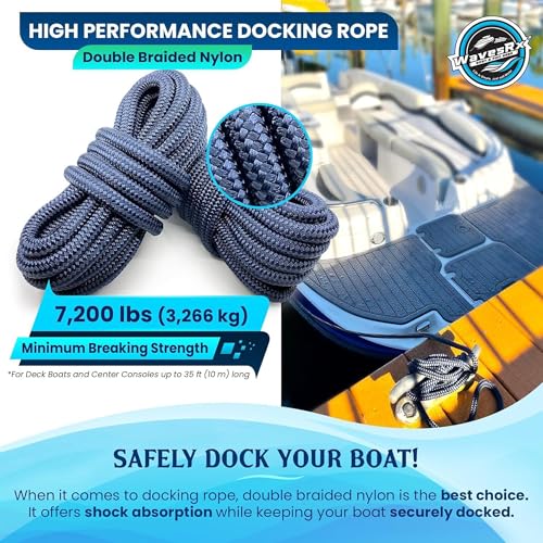 Image of Premium Nylon Boat Dock Lines & Ropes for Docking 1 /2'' x 20' | Double Braided Marine Rope & Mooring Line| Boat Ropes for Docking with Loop | UV & Saltwater Resistant Dock Ropes for Boats & Pontoons