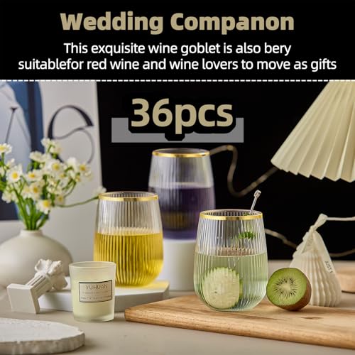 Image of Lueumxc 36 Pack Plastic Wine Glasses, 15Oz Gold Rim Origami Disposable Wine Glasses Unbreakable Clear Plastic Cocktail Glasses Recyclable Shatterproof Reusable Wine Cups