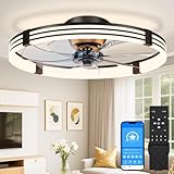 VOLISUN Low Profile Ceiling Fans with Lights and Remote, 24in Flush Mount Ceiling Fan with Light, 3000K-6500K Dimmable Fandelier LED Fan Light, Black Bladeless Ceiling Fans with Lights for Bedroom