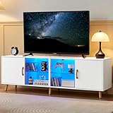 JanflyHome TV Stand for 70 Inch TV, LED Light TV Stand with Charging Station,Entertainment Center Media Console with Glass Shelve, 15.8' D x 63' W x 20.9' H TV Console, Modern Glass TV Stand, White
