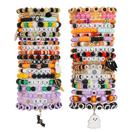 Shcsdr 40 Pcs Halloween Bracelets Set Clay Stretch Stackable Halloween Friendship Bracelet for Women Boo Skull Charm Beads Bracelet for Jewelry Gift Party Supplies