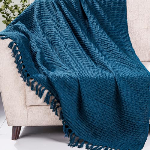 Image of HOMADORN Waffle Weave Cotton Throw Blanket - Lightweight, Breathable & Cozy for Sofa or Bed (100% Cotton)(50X60 Inches) Teal Blue