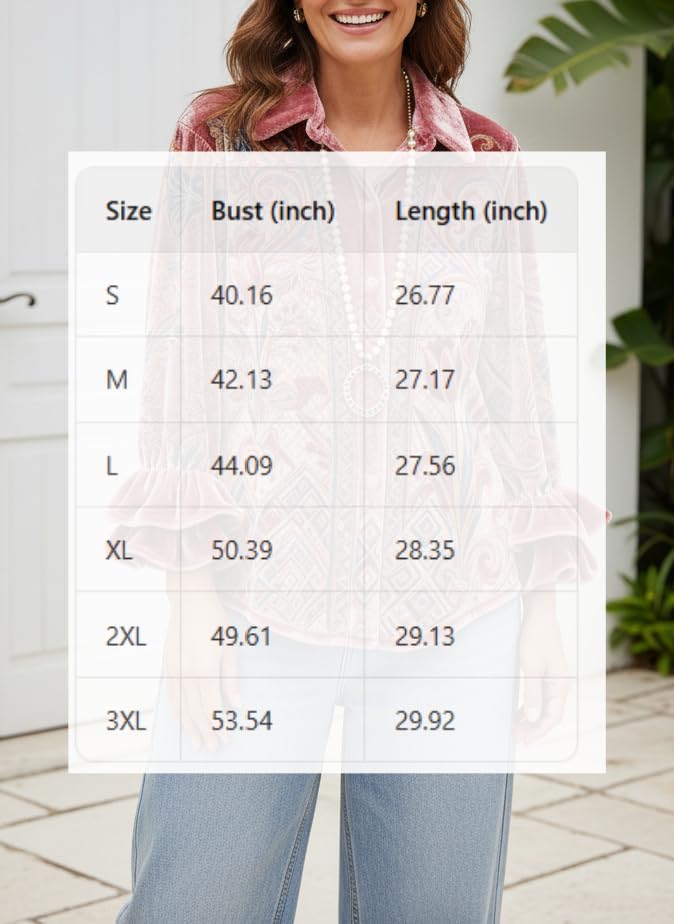 Womens Boho Floral Lapel Collar Graphic Vintage Velvet Shirts Long Sleeve Botton Down Elegant Tops Shirts - Image 4