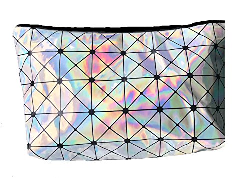 Fun Silver Holographic Cosmetic & Makeup Bag Triangle Pattern For Kids, Teens, & Adults Perfect for Cosmetics, School, Toiletries, Or Clutch Bag 9 in. x 5 in.