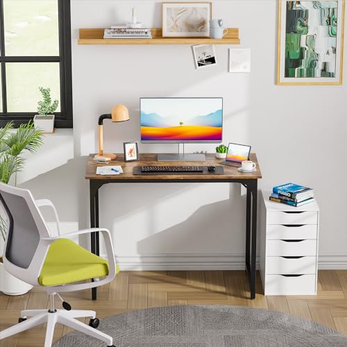 Image of PayLessHere | 39 Inch Computer Desk | Brown | Sturdy Office Desk | Metal Frame, Adjustable Feet | Water-Resistant, Scratchproof Surface | Writing Table for Home Office or Study | Pack of 1