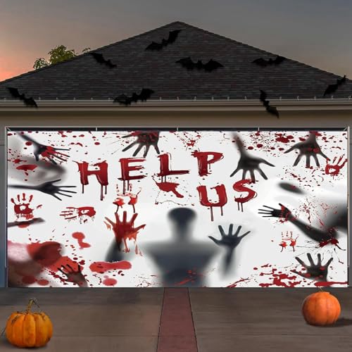 Garagentor Halloween Deko, Garagentor-Abdeckung, Garagentor Banner, Geisterhafter Killer und blutige Handabdrücke, für Halloween Feiertage, Garage Door Banner (A)