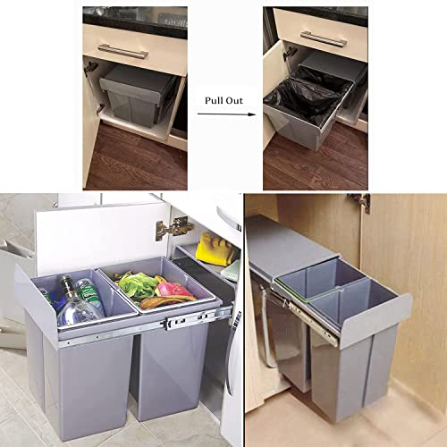 ybaymy Pull Out Kitchen Waste Bin Under Cabinet 20L + 20L Recycling Kitchen Cabinet Trash Can with Lid and Handle Waste Containers with Double Sliding Trash Can Rubbish Garbage Sorting Gray - Image 7