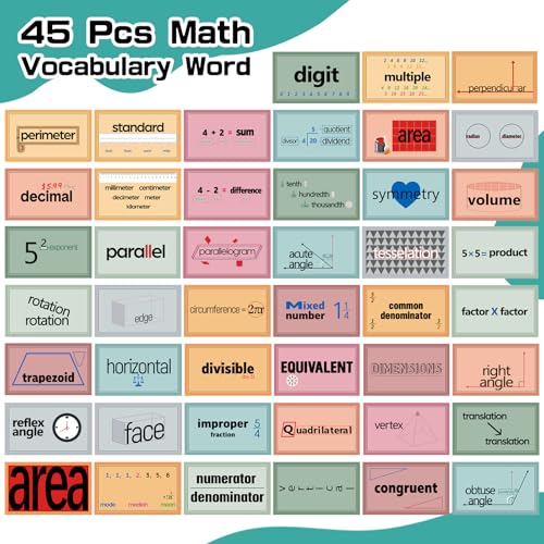 AmazingSpark 45 Pcs Math Vocabulary Flash Cards 6 x 10 Inches Math Vocabulary Word Wall for 3–5 Grades Classroom Supplies Teacher Teaching Tools - Image 3