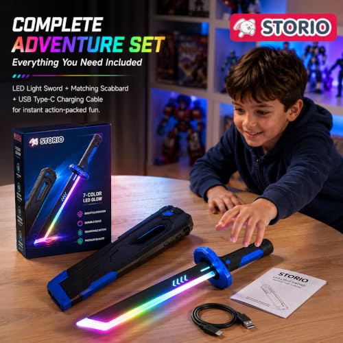 Image of Storio LED Light Up Toy Sword with Scabbard, RGB Color Changing Glowing Blade, Smoke Effect on Draw, USB Type-C Rechargeable Light Sword, Role Play Toy for Kids Boys Girls
