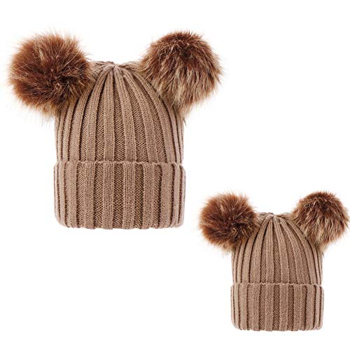 DCUTERQ 2PCS Parent-Child Hat Winter Warm Crochet Knit Family Mother & Baby Beanie Ski Cap with Pom Pom 03-Khaki