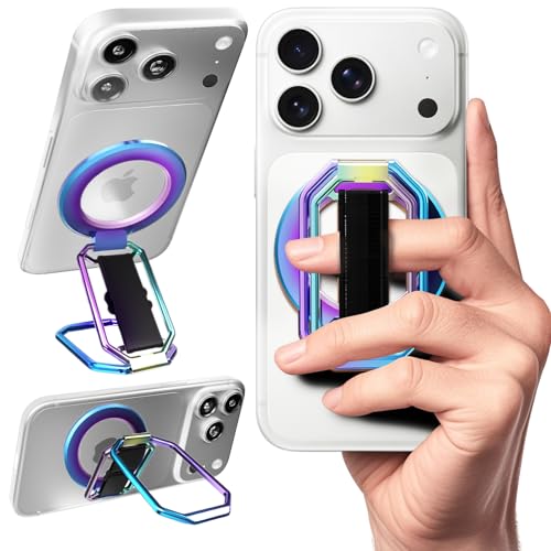 Image of Multi-Functional Magnetic Phone Grip Kickstand for MagSafe, Phone Holder for Hand, Foldable Ring Stand with Finger Loop Strap for Bedtime Scrolling & On-the-Go, Wireless Charging Compatible, Rainbow