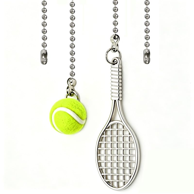 Image of 2pcs Ceiling Fan Pull Chain Ornament, 12 inch Ball Chain Tennis and Racket set Fan Light Pulls for Kid Room Decorative Extension,Sliver Chain