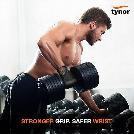 TYNOR Training Gym Gloves Padded Weight Lifting Gloves with Wrist Wrap Extra Grips Adjustable Full Palm Protection Fitness Fingerless Gloves for Men & Women, Crossfit, Climbing - Black, Large, 1 Pair