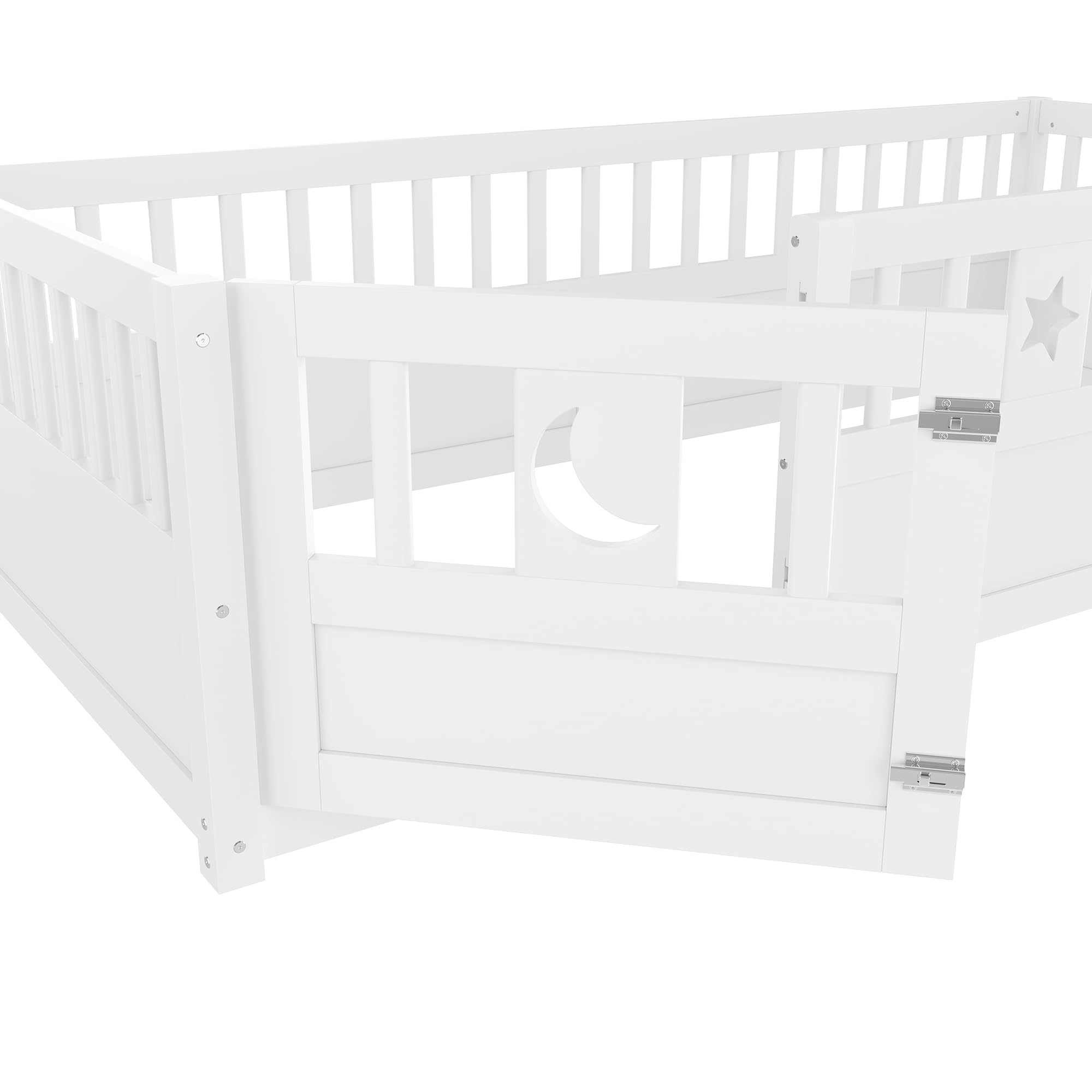Cama Infantil al Suelo 90 x 190 cm, Cama Montessori con Barreras para Niños con Protección, Decoración de Estrella y Luna, sin somier de láminas, Colchón no Incluido, Blanco