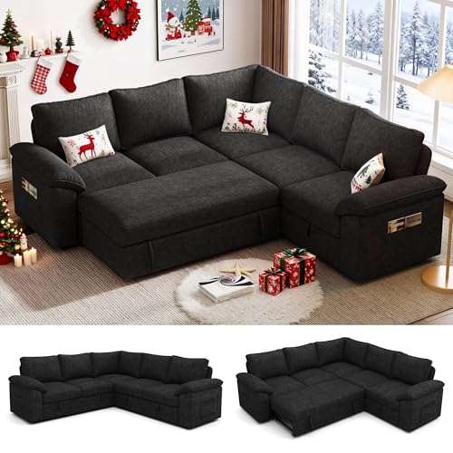 SUAWY 85 Inch Modular Sectional Sofa with Pull Out Bed, L Shaped 5 Seat Sectional Sleeper Sofa with Storage, Sectional Couches for Living Room, Cloud Modular Couch,Removable Sofa Cover, Black