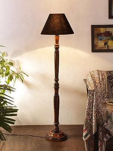 Image of Devansh Black Cotton conical Wooden Floor lamp -17