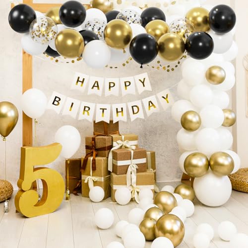 Image of 100pcs Black Gold and White Balloons with 12inch Metallic Gold and Black Confetti Balloons for Class of Graduation, 30th 40th 50th Birthday Party Decoration (with 2 Ribbons)