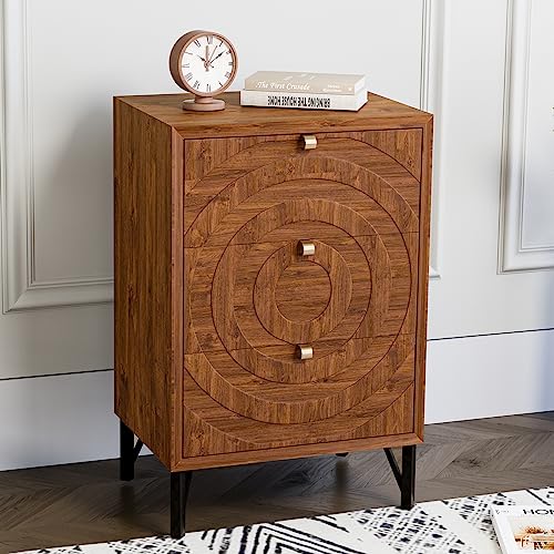 Image of HOMPUS 3 Drawer End Table, Modern Nightstand with Concentric Circles Pattern, Farmhouse Night Stand with 3 Storage Drawers, Wooden Bedside Table, Nightstand w 3 Drawers for Sunroom, Apartment