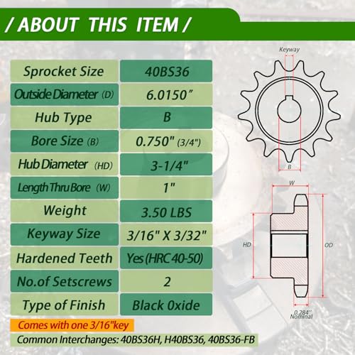 Image of #40 Roller Chain Sprocket 36 Tooth 3 /4 inch Bore (3 /16 inch Keyway) Black Oxide Rust-Proof with 2 Set Screws & Key Included for Mini Bike Go-Kart Hill Climbing Torque,Hardened 1045 Steel 40BS36-3 /4