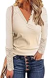 Minetom Damen V-Ausschnitt Spitze/Knöpfe Langarm Rippe Tunika Top Locker Casual T-Shirt Bluse Solide Elegant Oberteile Basic Einfarbig Hemd Henley Shirt Sommer Frühling A Cremeweiß M