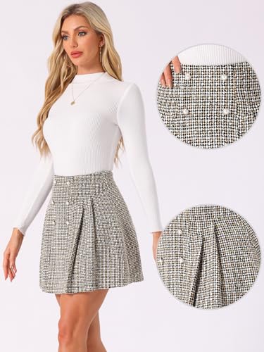 Allegra K Plaid Tweed Skirt for Women's Elegant High Waist Button Decor A-Line Mini Skirts2