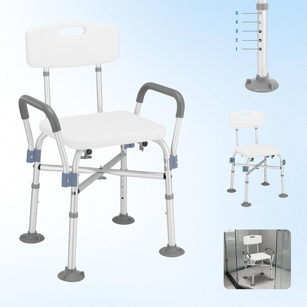 BAKAJI Sgabello da Doccia con Schienale e Braccioli, Struttura Alluminio e Seduta Ergonomica in HDPE, Sedile da Bagno per Anziani, Disabili e Persone con Mobilità Ridotta, Regolabile Altezza 78–88cm