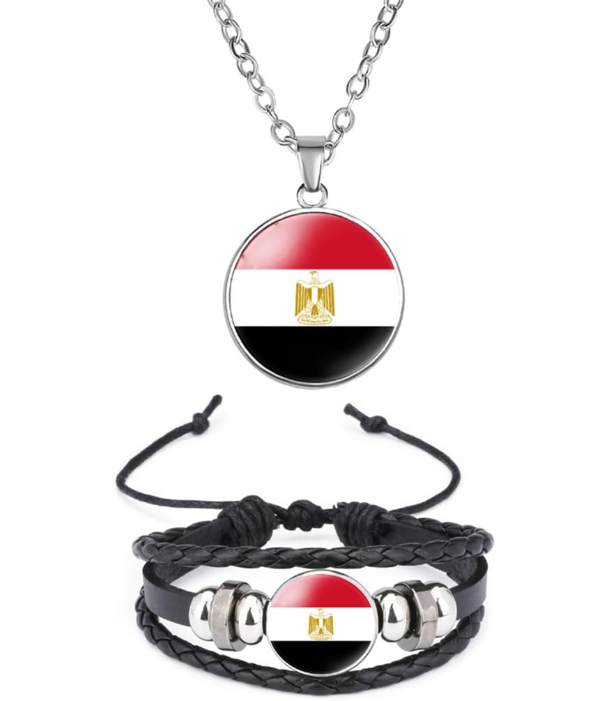 National Flag Metal Necklace and Alloy Leather Braided Rope Bracelet Bangle Set for Men Women