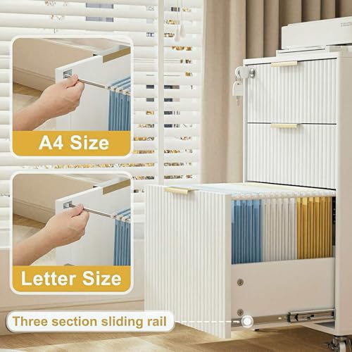 Image of 3 Drawers Fluted Mobile File Cabinet with Lock, Rolling File Cabinet Printer Stand Table, Under Desk Wooden Filing Cabinets for Home Office Essentials Storage Organization Furniture Letters /A4(White)