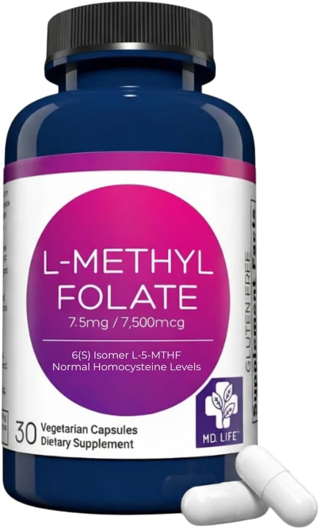 MD Life L-Methylfolate 7.5 mg Supplement - Professional-Grade Active L Methylfolate Supplement - 30 Capsules - L-Methylfolate 7.5mg - Maximum Potency MTHFR W/ Essential Amino Acids