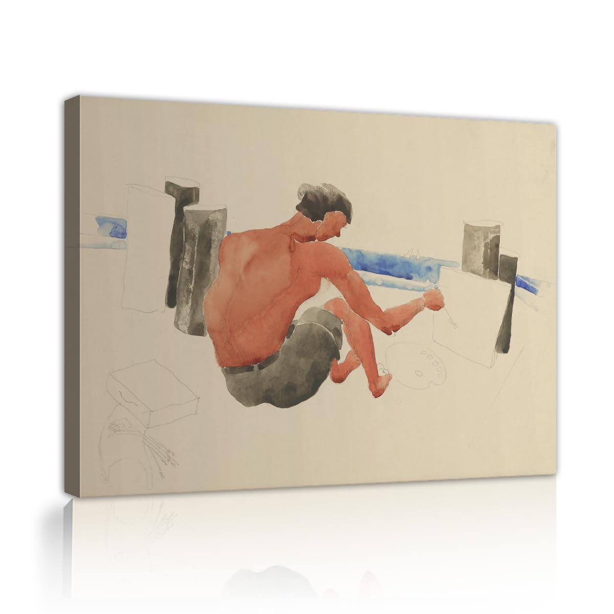 TOANGWALL Artistic Beach Sketching Canvas Wall Art Dining Room Charles Demuth The Artist on the Beach Painting Framed Picture for Lounge Decor 70x85cm