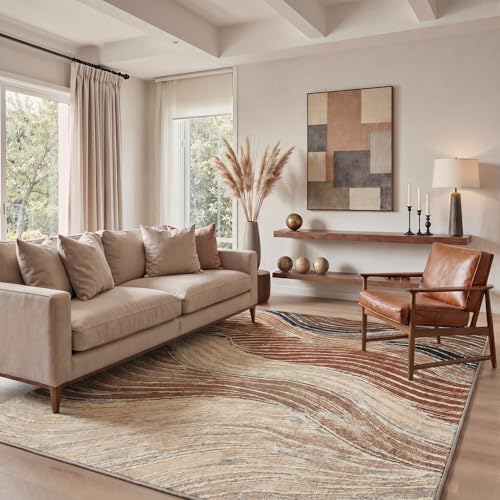 Image of BEIMO Area Rugs 8x10 for Living Room Bedroom, Modern Abstract Machine Washable Rug, Large Soft Low Pile Floor Carpet with Non Slip Backing for Dining Room, Caramel Sand