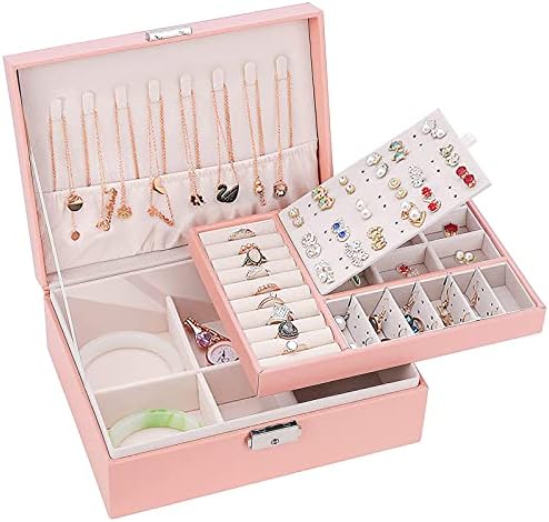 SYCARON 2023 Upgraded Jewelry Box Organizer for Women Girls, Jewelry Storage Case Travel Jewelry Case with Lock for Women and Girls Rings Earrings Necklace Bracelets Watches, Pink