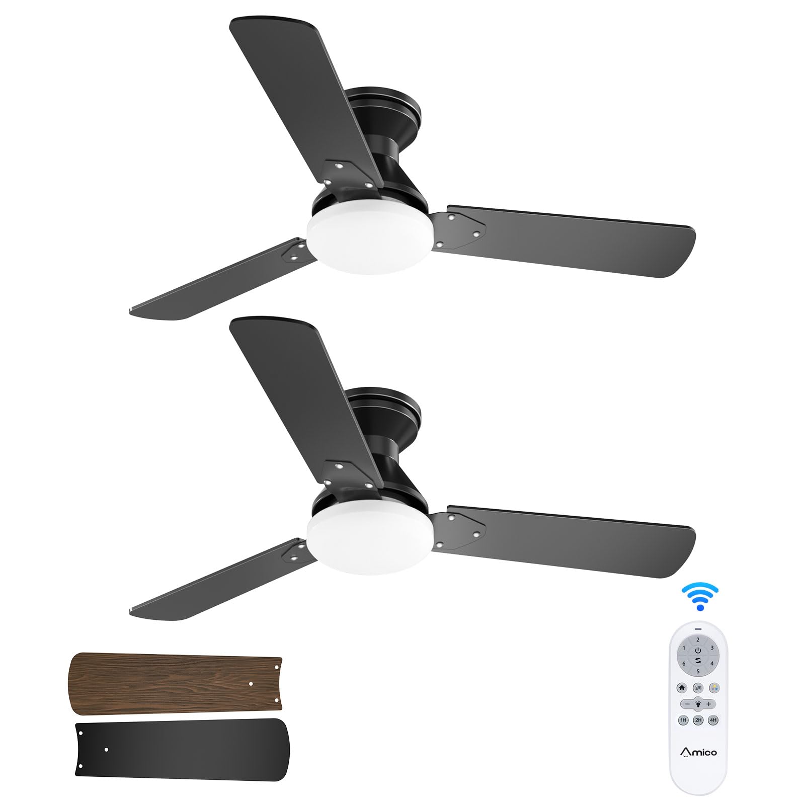 Amico 2 Pack Ceiling Fans with Lights, 42 inch Low Profile Ceiling fan with Light and Remote Control, Flush Mount, Reversible, 3CCT, Dimmable, Noiseless, Black Ceiling Fan for Bedroom, Indoor/Outdoor