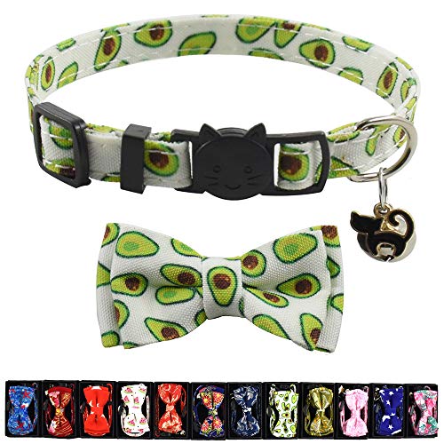 Image of Cat Collar Breakaway with Bell and Accessories, Printing Kitten Collar Bowtie for Kitty 10 Colors Adjustable 7.5-11in (Avocado)
