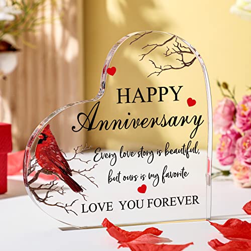 Happy Anniversary Cardinal Gift for Women Anniversary Wedding Gifts Anniversary Acrylic Heart Valentines Day Gifts for Her Him Couple Wife Husband Girlfriend Boyfriend (Delicate Style)