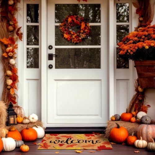 Tinideya Fall Welcome Door Mat Outdoor Autumn Maple Leaves Doormats 17 x 29 Inch Orange Imitation Coir Entryway Rugs Harvest Thanksgiving Mat for Fron