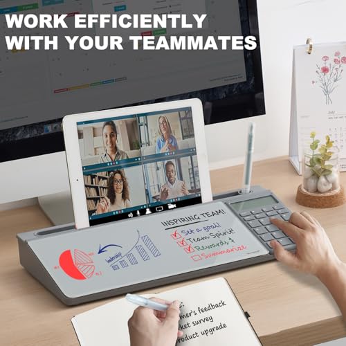 Image of Small Glass Desktop Whiteboard Dry-Erase-Board - Computer Keyboard Stand with Calculator White Board Surface Pad with Drawer, Desk Organizers with Accessories for Office, Home, School Supplies - Grey