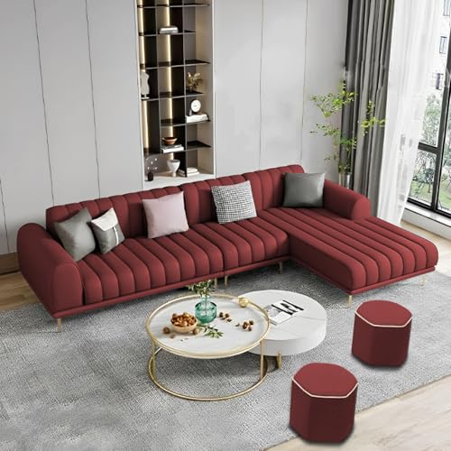 Image of Casaliving Herrick RHS 6 Seater L Shape Sofa Set with 2 Puffy for Living Room (Maroon Colour) Premium Velvet Fabric Sofa