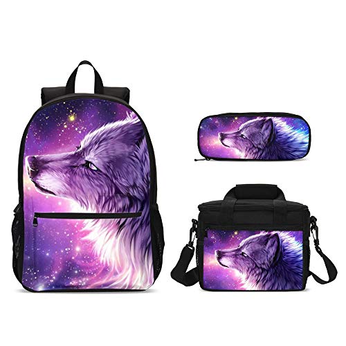 Juego de 3 mochilas de galaxia con diseño de lobo y animales en 3D  bolsa de almuerzo