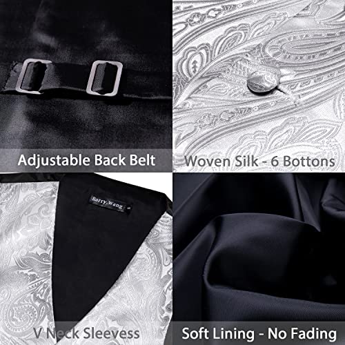 Image of Barry.Wang Mens Silver Suit Vest Paisley Jacquard Silk Ties Handkerchief Cufflinks Waistcoat Set Wedding Party Tuxedo 5PCS
