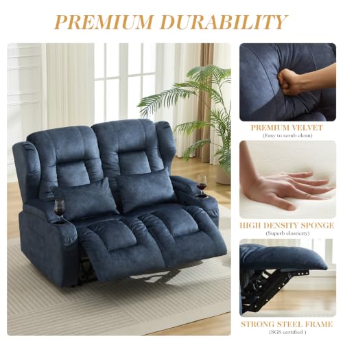 Image of Loveseat Recliner Sofa,RV Wall Hugger Recliners for Small Spaces,Reclining Loveseat Sofa Recliner with Cup Holders /Lumbar Pillows,RV Furniture (Velvet Blue, 56 inch 2-Seater)