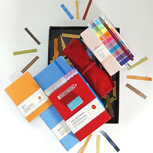Image of Comma Stationery Gifting Hamper | 10 Items | A5 Dot Grid, Velvet Pocket Size & A7 Checks Notebooks, A6 Travel Sketchbook, Sticky Notes, Infinity Pencil, Highlighter, Eraser, Ruler & Cloth Pencil Pouch – Assorted