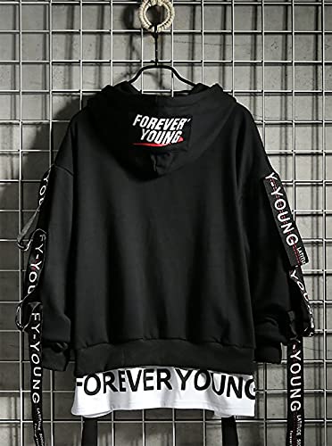 Dudhuh Mens Hoodie Fashion Pullover Letter Print Tracksuit Techwear Casual Coat Hip-Hop Sweatshirt Black #TOP1