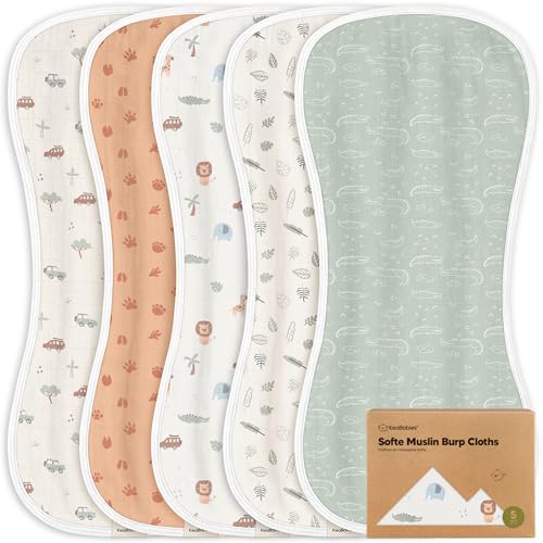 Image of 5-Pack Muslin Burp Cloths Baby Boy, Girl - Very Absorbent Baby Burp Cloth Rags, 8-Layers Viscose Derived from Bamboo Cotton Muslin Towel, Super Soft Spit Up Rags, No Shrink Washcloths (Wilderness)