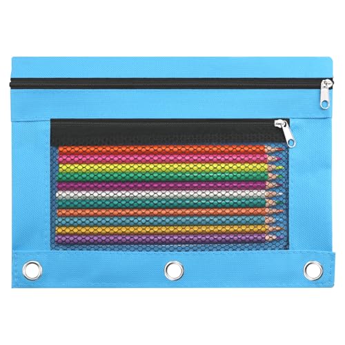 Image of Pencil Pouch for 3 Ring Binder - 3 Hole Zipper Pen Case Bag Holder Bulk Accessories Clear Window Aesthetic Organizer Pockets (Azure)