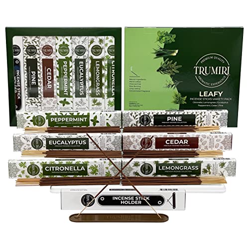 Leafy Incense Sticks Variety Pack & Incense Burner - Gift Set - 120 Incents (6 Fragrances X 20 Pieces Each) - Citronella, Lemongrass, Eucalyptus, Peppermint, Pine, Cedar - Natural, Organic, Non-Toxic #TOP18