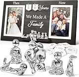 DREAMORIE Then & Now Anniversary Picture Frame with Tin Family Figurines – Rustic Wooden 1-99 Years Wedding Gift for Couples, Custom Number Tiles